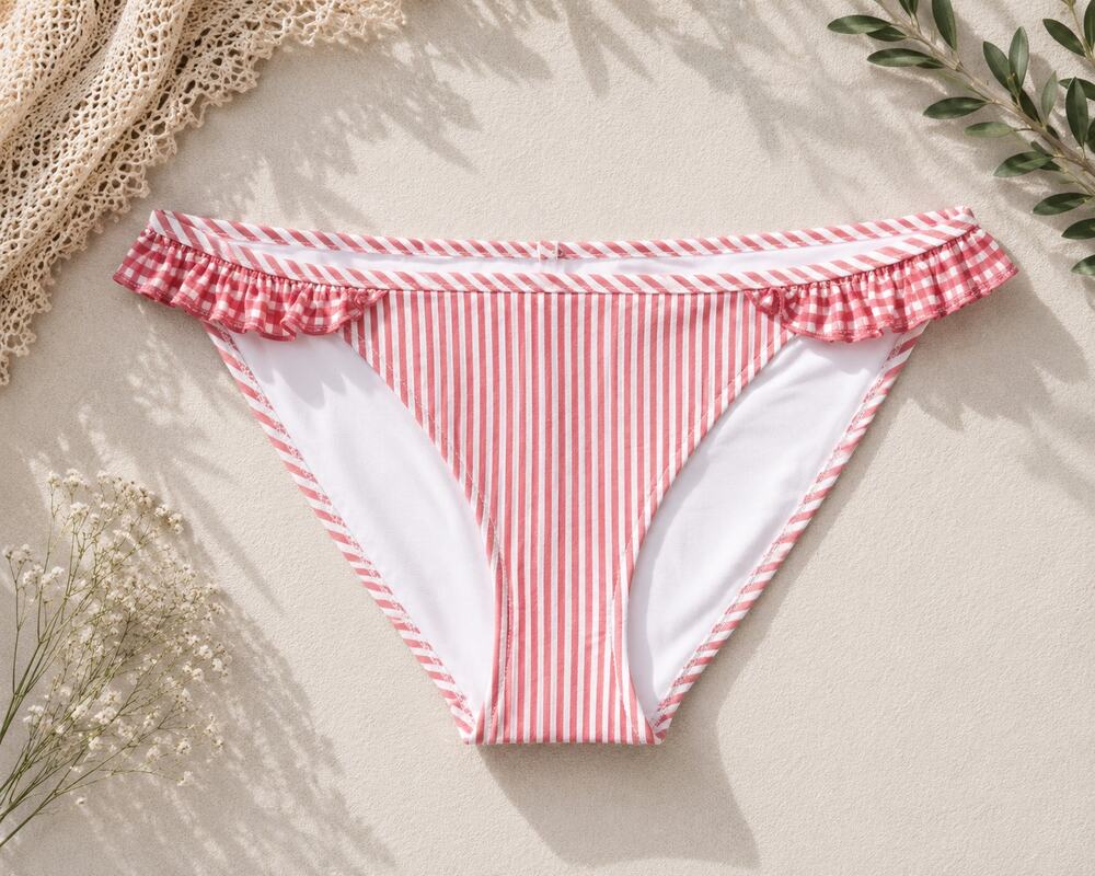 NWT Aerie Women's Seersucker Striped Ruffle Bikini Bottom Maroon Lagoon Size S